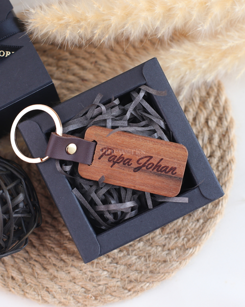 Personalised Leather Wood Keychain