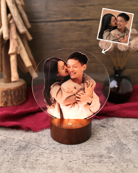Wireless Mahogany Photo Round Wooden LED Night Lamp