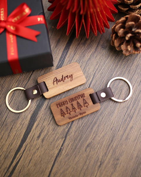 Personalised Leather Wood Keychain